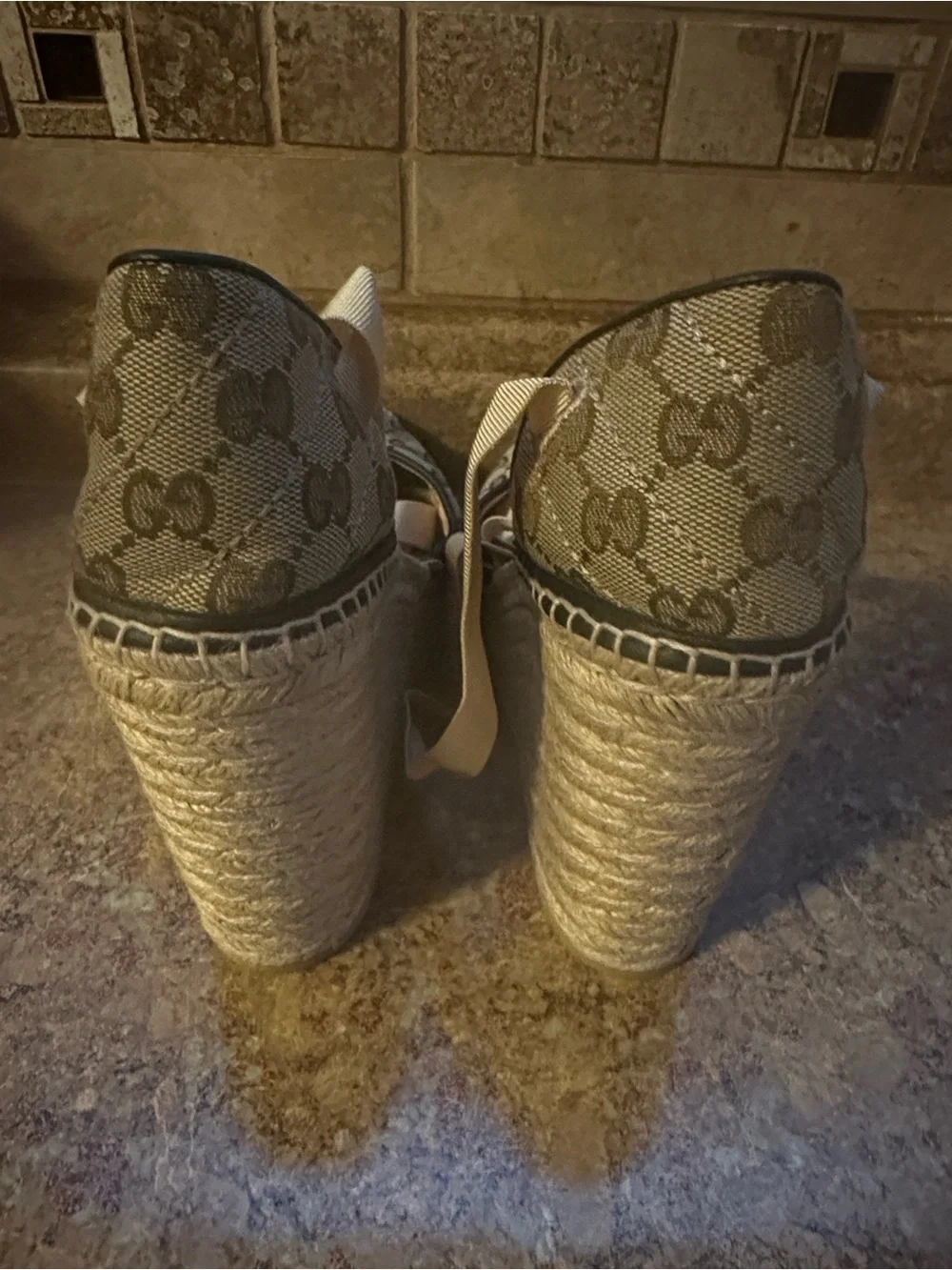 Gucci Beige Monogram Espadrille Wedges with Gold Double G